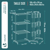 Vežový sušiak na bielizeň VOUNOT, 4-poschodový, skladací, s kolieskami a bočnými krídlami, na vnútorné aj vonkajšie použitie, 126x63x170 cm, čierno-sivý 3