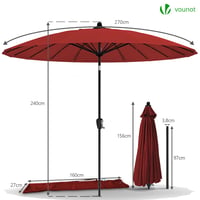 Slnečník VOUNOT Shanghai, priemer 270 cm, s ručnou brzdou, sklopný, UV ochrana, balkónový a záhradný slnečník s ochranným krytom, červený 6