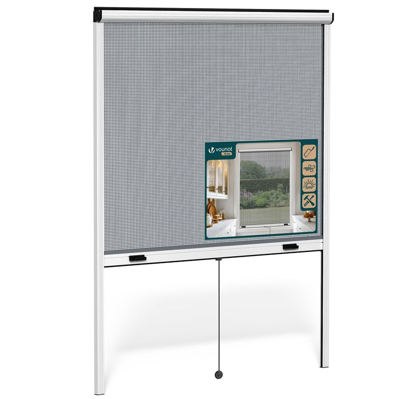 VOUNOT Plasă de țânțari tip rulou pentru fereastră cu ramă de aluminiu, plasă din fibră de sticlă, tăiabilă, montare ușoară, 130 x 160 cm, alb