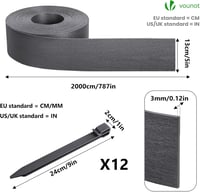 VOUNOT Szürke Kerti Szegély 20m Hosszú, Rugalmas PE Ágyáshatárolás Rögzítőcsapokkal 13cm Magas - Grey, Height: 13cm 7