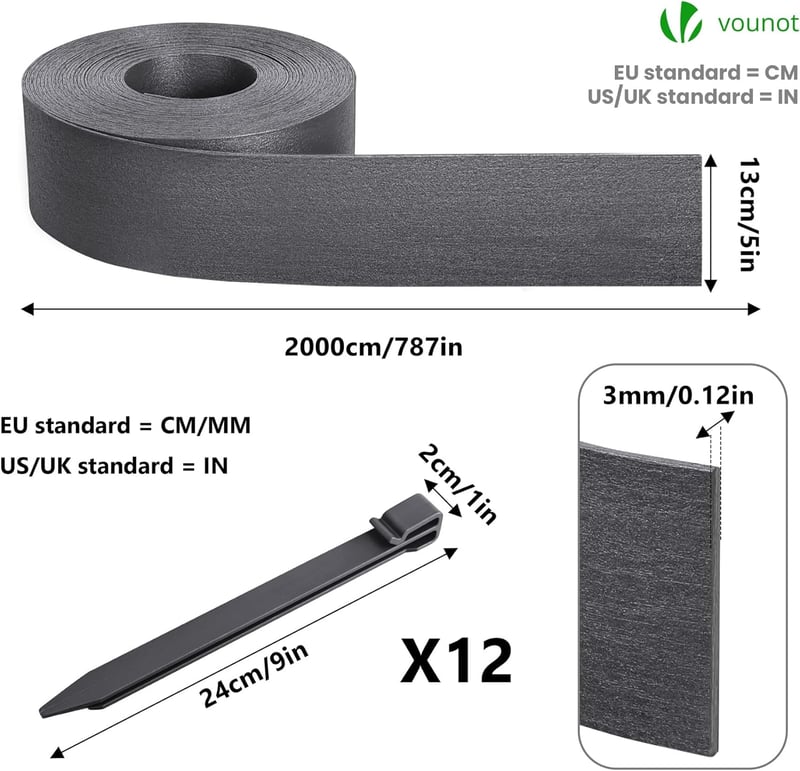 VOUNOT Szürke Kerti Szegély 20m Hosszú, Rugalmas PE Ágyáshatárolás Rögzítőcsapokkal 13cm Magas - Grey, Height: 13cm