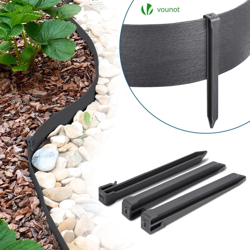 VOUNOT Szürke Kerti Szegély 20m Hosszú, Rugalmas PE Ágyáshatárolás Rögzítőcsapokkal 13cm Magas - Grey, Height: 13cm