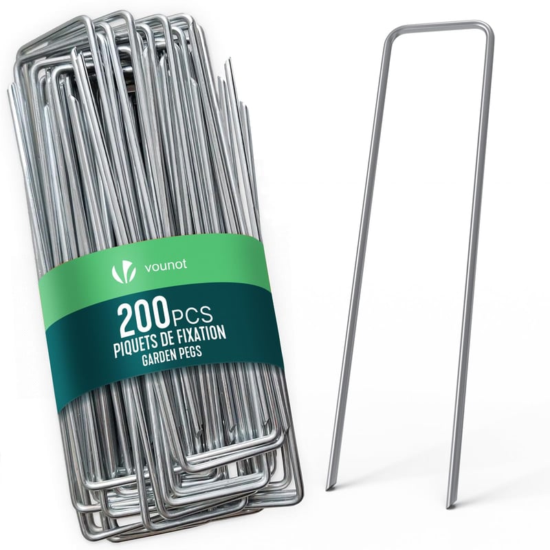 VOUNOT Talajtűző Kapocs 200 db Horganyzott Fém U-Alakú Kerti Rögzítő Tűző 150x30 mm Átmérő 3 mm Gyomgátló Fóliához Műfűhöz Kerítéshez