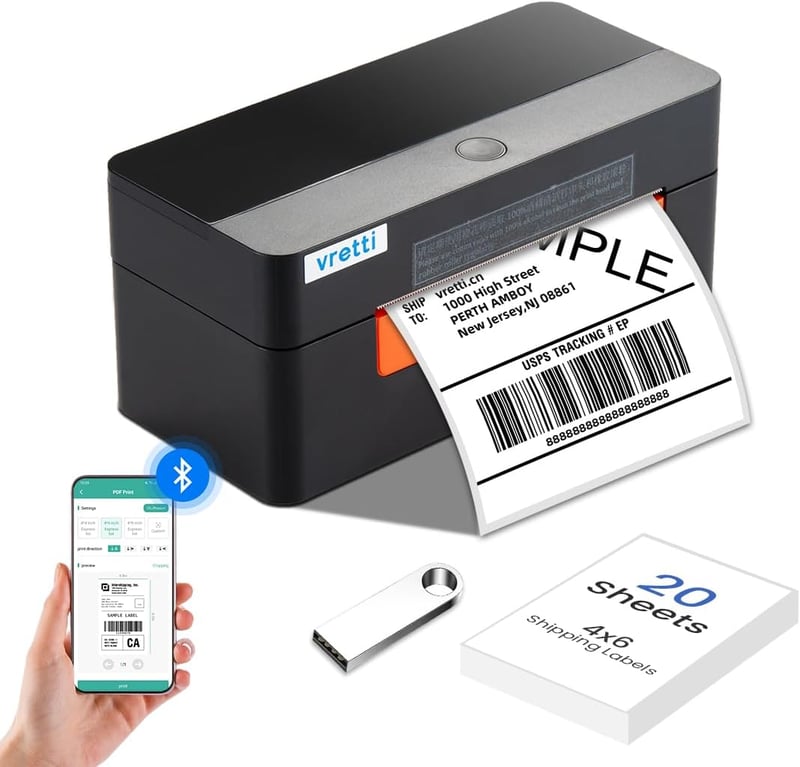 vretti Bluetooth Címkenyomtató 4x6 Szállítási Címkék DHL Amazon eBay Shopify Kompatibilis Vonalkód Nyomtató