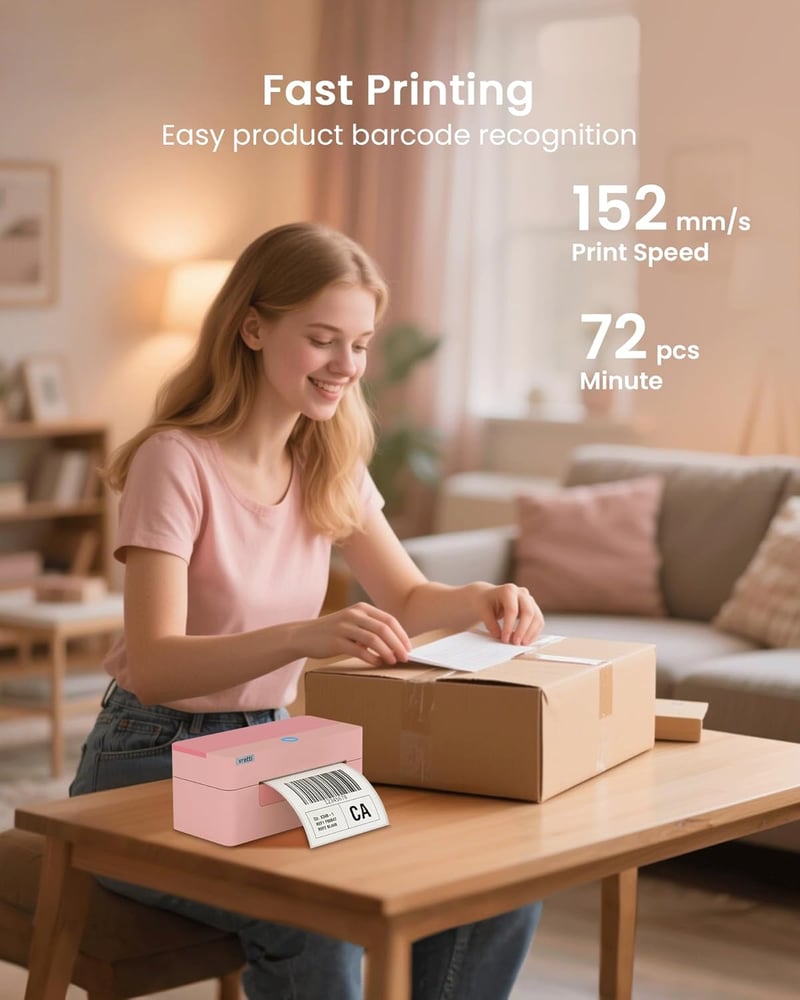 vretti DHL Bluetooth Címkenyomtató, Rózsaszín - 4x6 Szállítási Címkékhez, Kompatibilis Amazon, Shopify, Etsy, Ebay, UPS Platformokkal