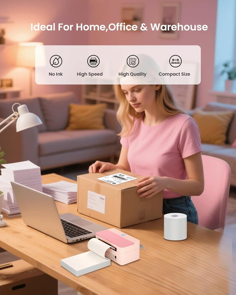 vretti DHL Bluetooth Címkenyomtató, Rózsaszín - 4x6 Szállítási Címkékhez, Kompatibilis Amazon, Shopify, Etsy, Ebay, UPS Platformokkal