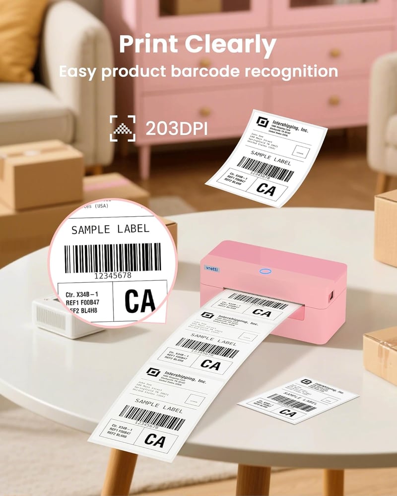 vretti DHL Bluetooth Címkenyomtató, Rózsaszín - 4x6 Szállítási Címkékhez, Kompatibilis Amazon, Shopify, Etsy, Ebay, UPS Platformokkal