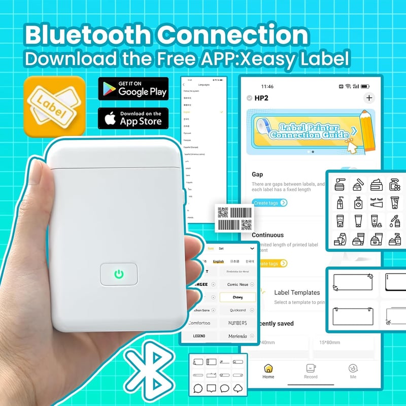 vretti HP2 Bluetooth Címkenyomtató iOS Android Öntapadós Címkékhez Otthon Irodához
