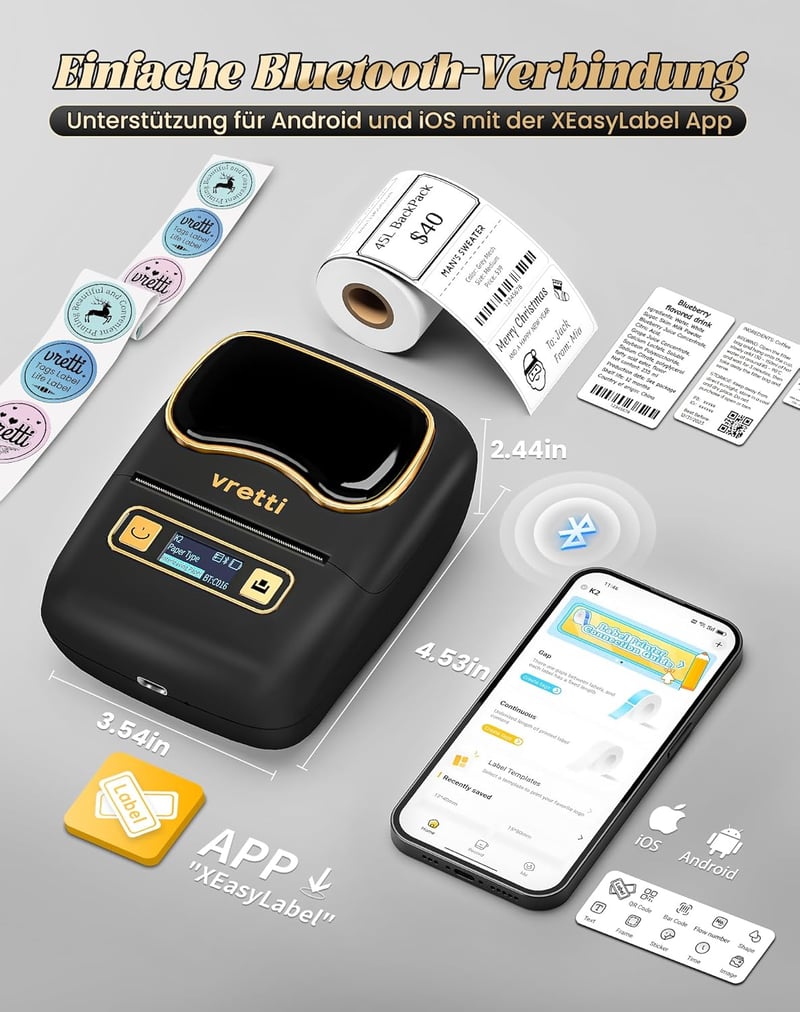 vretti K2 Bluetooth Címkenyomtató iOS Android Kompatibilis 20-50mm