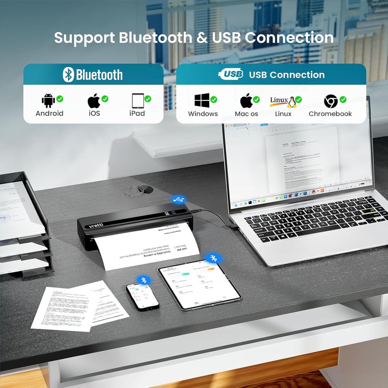vretti PB821 Hordozható Termál Nyomtató - A4 Méretű Papír Nyomtatás, Bluetooth Kapcsolat, iOS és Android Kompatibilitás, Fekete