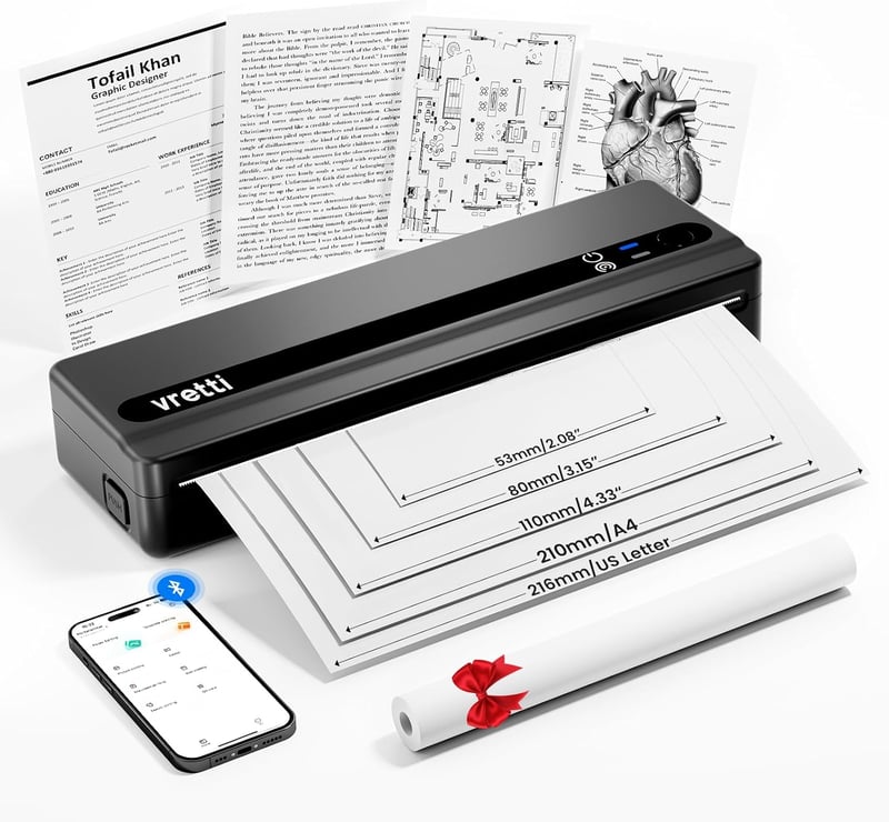 vretti PB821 Hordozható Termál Nyomtató - A4 Méretű Papír Nyomtatás, Bluetooth Kapcsolat, iOS és Android Kompatibilitás, Fekete