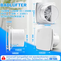 Kúpeľňový ventilátor Vrietina s časovačom a spätnou klapkou, 150 mm, biely 2
