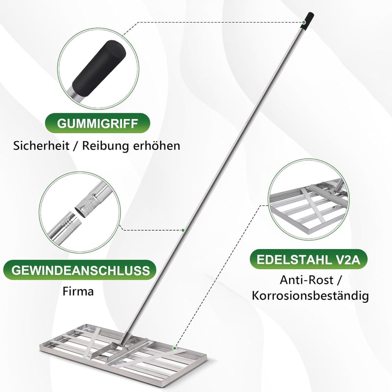 Vrietina Profi Gyepegyenlítő Gereblye 85x35cm Rozsdamentes Acél 2m Nyéllel