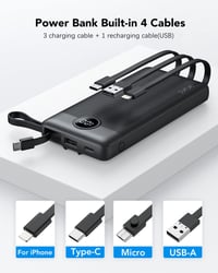 Power banka VRURC 10 000 mAh so 4 vstavanými káblami – prenosná externá batéria s konektormi USB-C a Micro USB 2