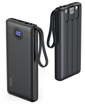 VRURC Power Bank 10000 mAh s 4 ugrađena kabela (USB-C, Lightning, Micro USB) prijenosna vanjska baterija s LED zaslonom, crna