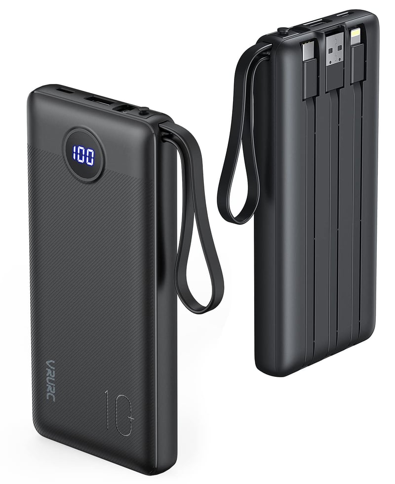 Power banka VRURC 10 000 mAh so 4 vstavanými káblami – prenosná externá batéria s konektormi USB-C a Micro USB