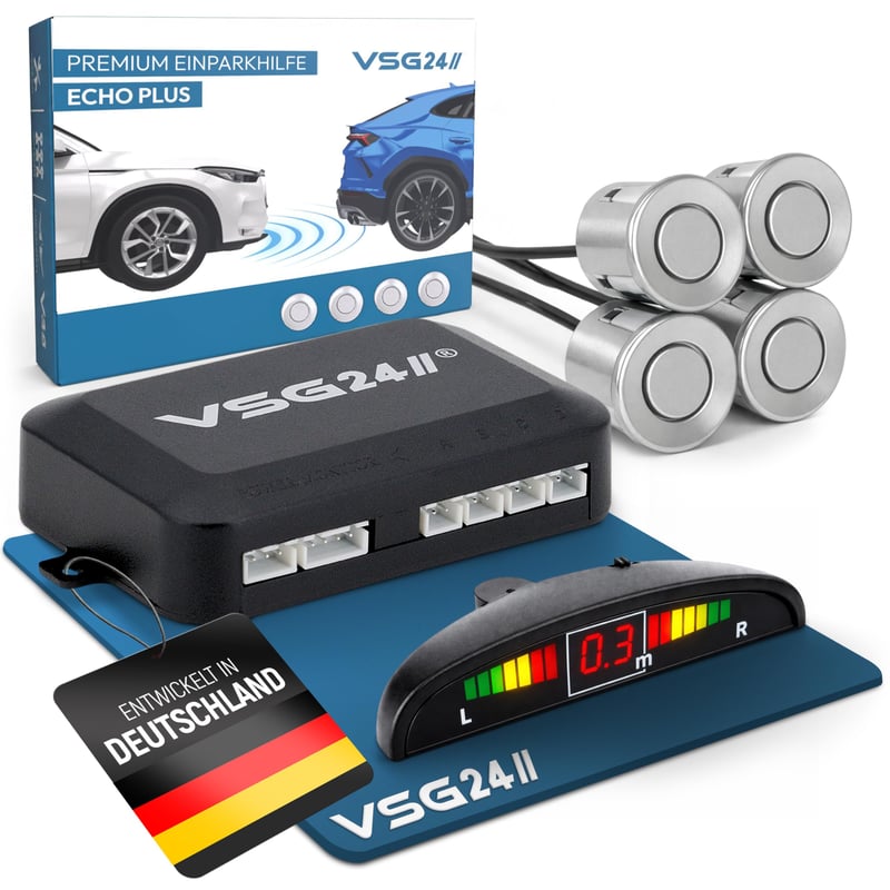 VSG24 Echo Plus predný parkovací senzor so 4 snímačmi a displejom, strieborný – LED parkovací radar so zvukovou signalizáciou pre osobné a dodávkové vozidlá, 30–15