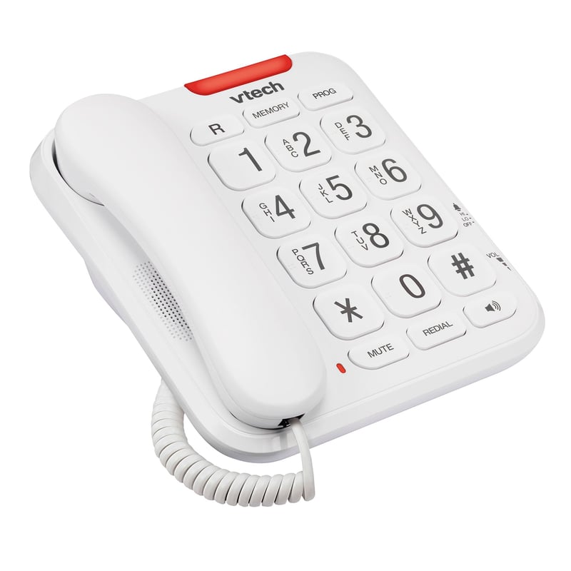 Pevný telefón pre seniorov VTech CL1100 – veľké tlačidlá, hovoriace čísla, vizuálna signalizácia zvonenia, rýchla voľba, hlasitý odposluch, biely