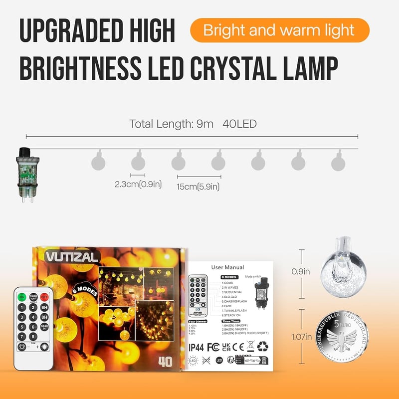 Vutizal 9m 40 LED Gömb Fényfüzér Kültéri Beltéri 8 Mód IP44 Vízálló