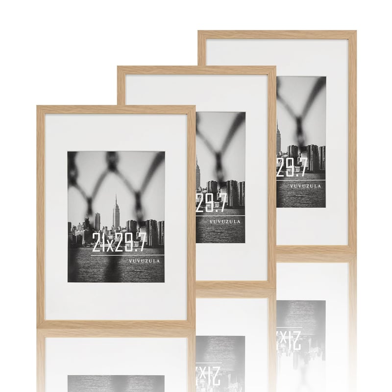 VUVUZULA Fotorámik A4 21x30 cm Drevený rám na fotky Dub s 3 paspartami na diplomy Prírodná béžová