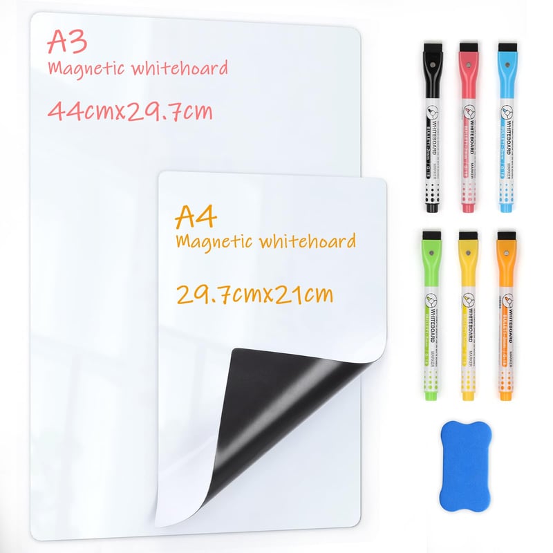 Magnetická tabuľa na chladničku VynyQoo, A3 + A4, 2 ks, so 6 fixkami a hubkou