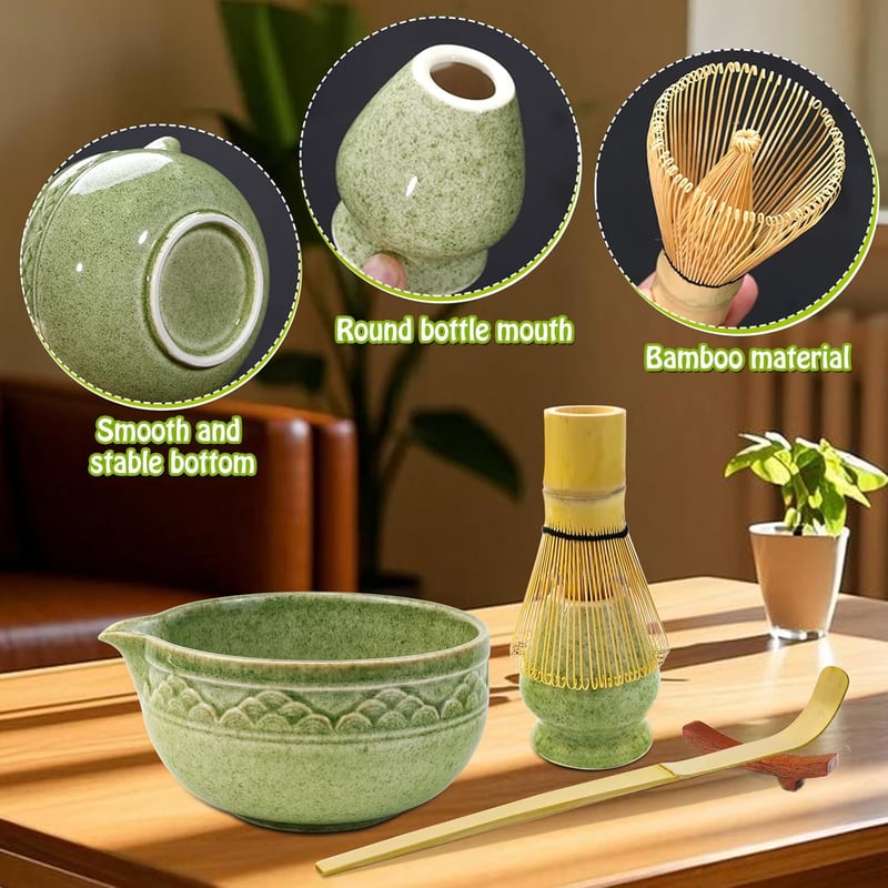 VZXZXE Matcha Készlet 6 Részes - Habverő, Kanál, Tál, Szűrő és Kerámia Teáscsésze - Matcha Colored 6 Piece Set