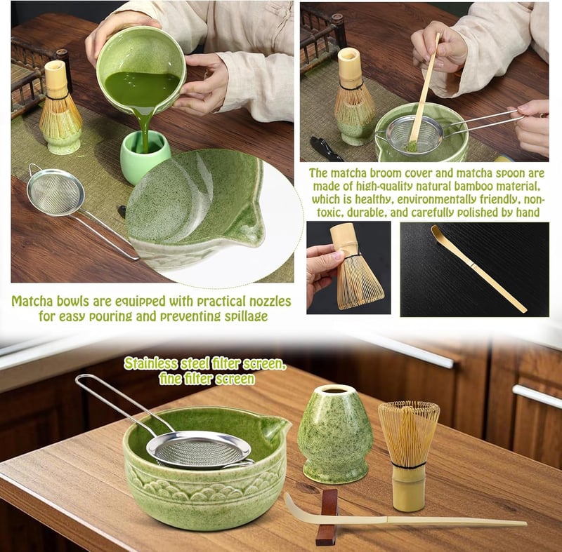VZXZXE Matcha Készlet 6 Részes - Habverő, Kanál, Tál, Szűrő és Kerámia Teáscsésze - Matcha Colored 6 Piece Set