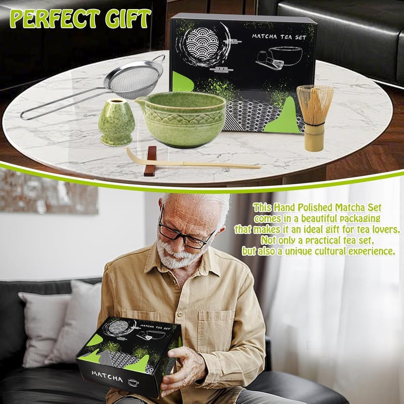 VZXZXE Matcha Készlet 6 Részes - Habverő, Kanál, Tál, Szűrő és Kerámia Teáscsésze - Matcha Colored 6 Piece Set