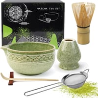 VZXZXE Matcha Készlet 6 Részes - Habverő, Kanál, Tál, Szűrő és Kerámia Teáscsésze - Matcha Colored 6 Piece Set 1