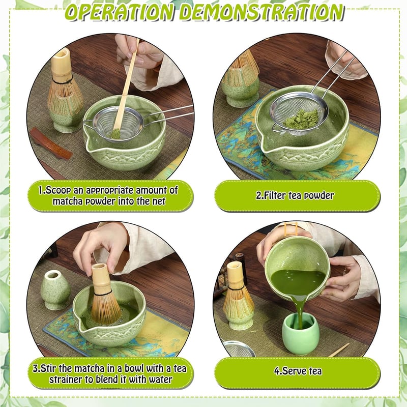 VZXZXE Matcha Készlet 6 Részes - Habverő, Kanál, Tál, Szűrő és Kerámia Teáscsésze - Matcha Colored 6 Piece Set