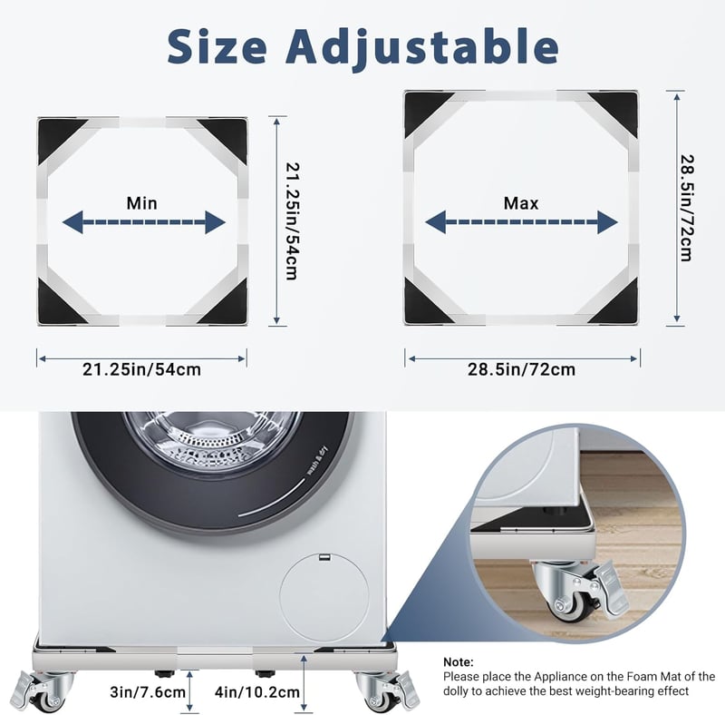 W B D WEIBIDA Rozsdamentes Mosógép Alap 50-70 cm Állítható Szélesség, 300 kg Terhelhetőség, Zárható Kerekek - Metallic, Stainless Steel
