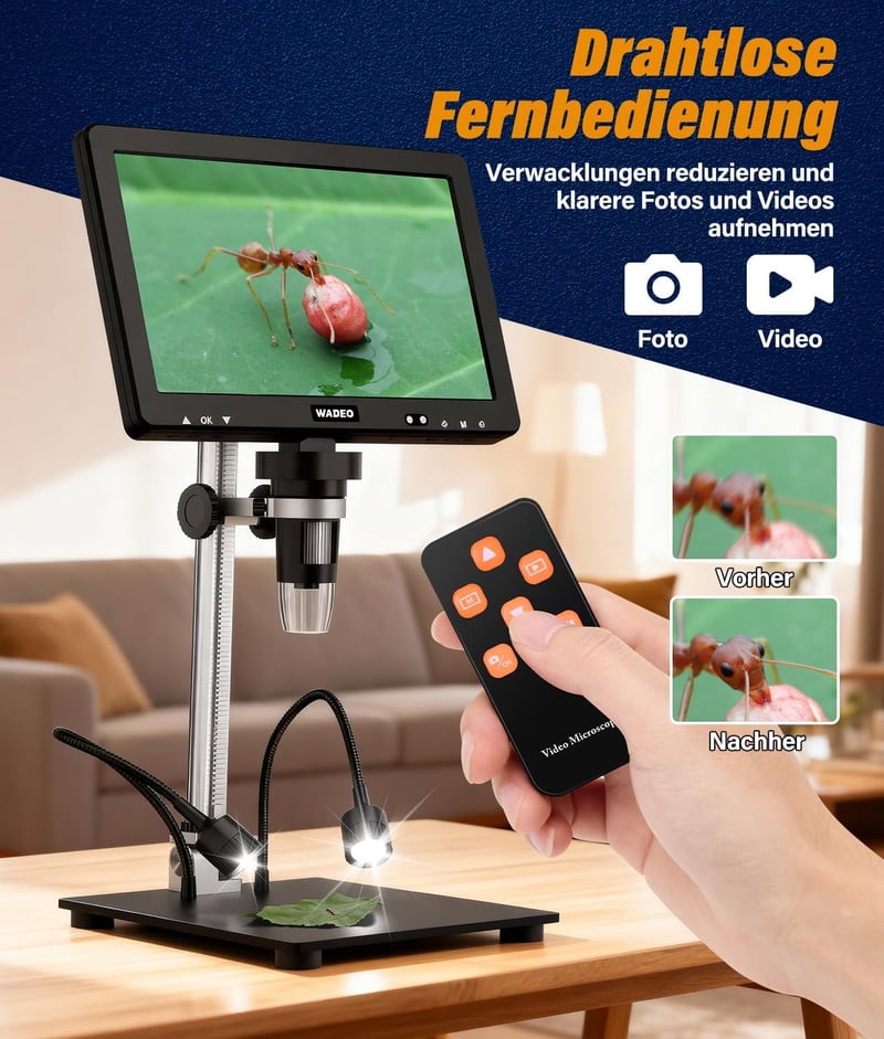 WADEO 10.1" LCD digitális mikroszkóp 1500x nagyítás 32GB kártyával, USB csatlakozás, 8 LED, fém állvány, javításhoz és szolderozáshoz