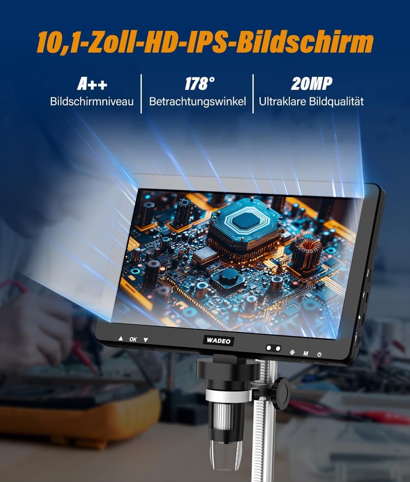 WADEO 10.1" LCD digitális mikroszkóp 1500x nagyítás 32GB kártyával, USB csatlakozás, 8 LED, fém állvány, javításhoz és szolderozáshoz