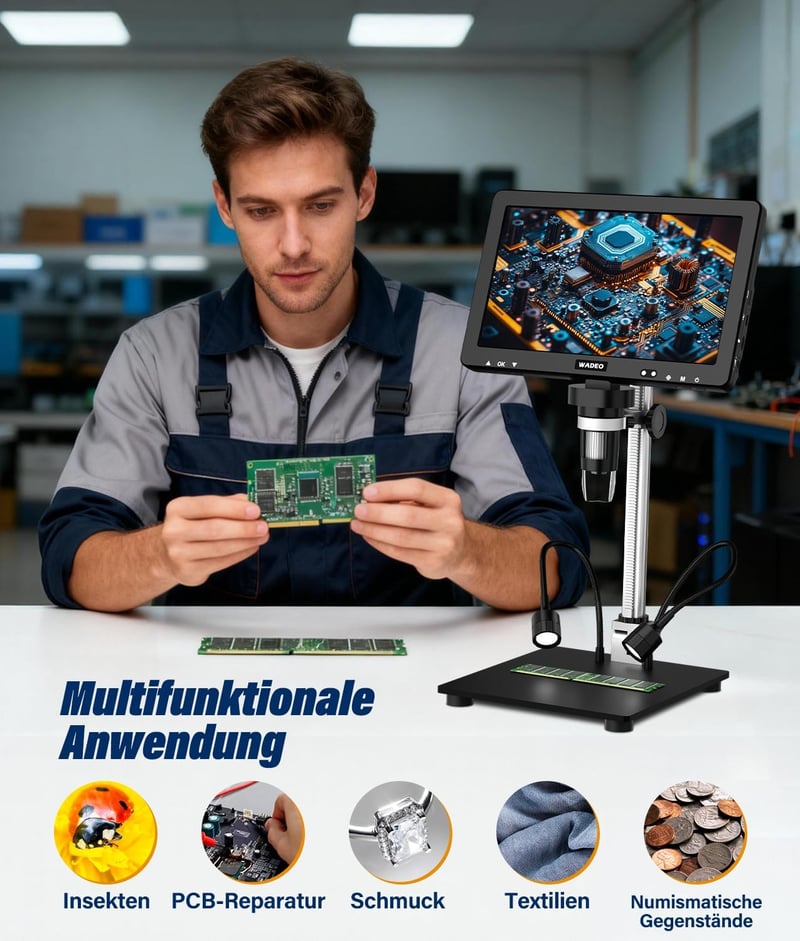 WADEO 10.1" LCD digitális mikroszkóp 1500x nagyítás 32GB kártyával, USB csatlakozás, 8 LED, fém állvány, javításhoz és szolderozáshoz