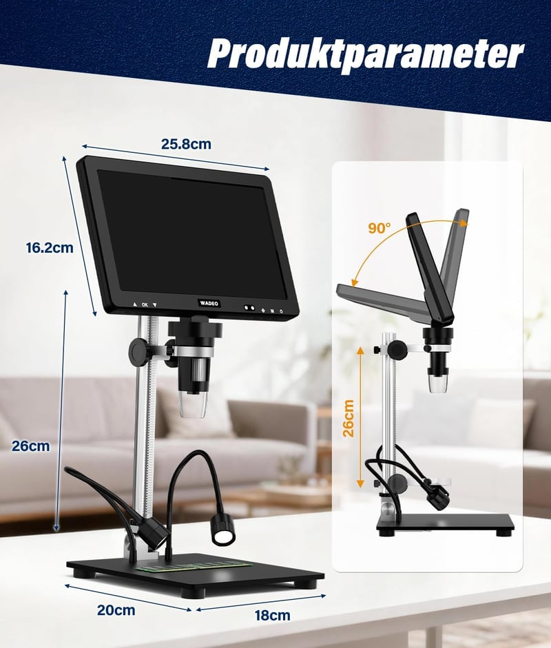 WADEO 10.1" LCD digitális mikroszkóp 1500x nagyítás 32GB kártyával, USB csatlakozás, 8 LED, fém állvány, javításhoz és szolderozáshoz