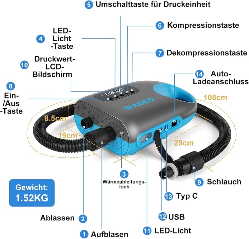 WADEO 18000 mAh elektromos SUP pumpa 20 PSI, LED világítással, gyors töltés