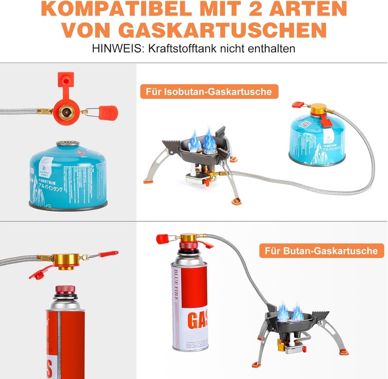WADEO 7200W szélálló kemping gázfőzőhely piezo gyújtással és bután adapterrel