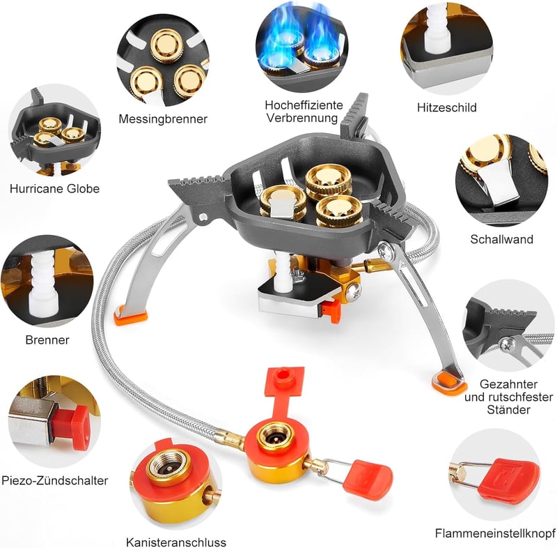 WADEO 7200W szélálló kemping gázfőzőhely piezo gyújtással és bután adapterrel
