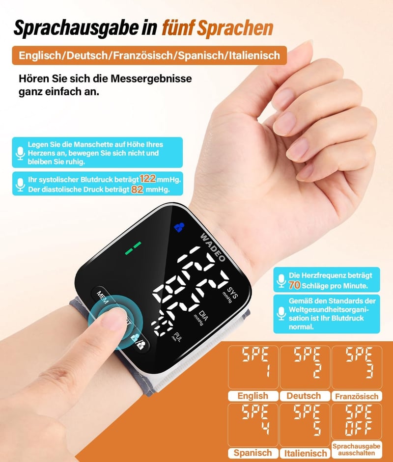 WADEO Digitális Vérnyomásmérő Csuklóra, Szívritmus Detektor, 2x99 Memória, Hordozható