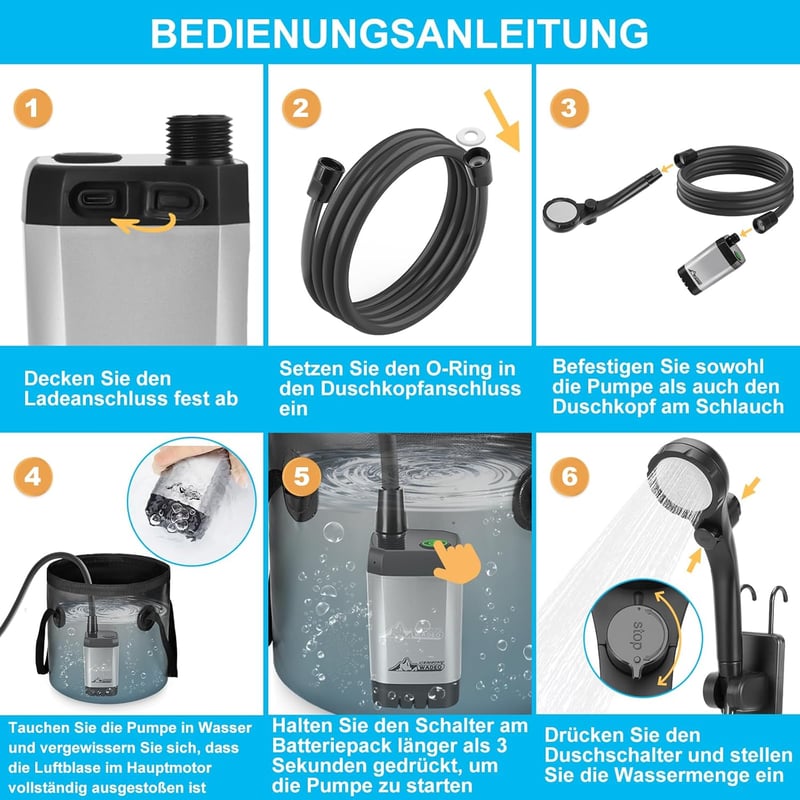WADEO Hordozható Campingzuhany Akkumulátorral és Pumpával, 6000-8000mAh Töltödhető Akkus Kültéri Zuhany