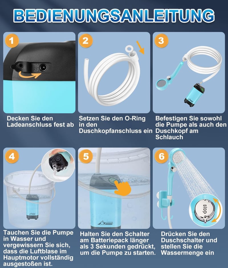 WADEO Hordozható Campingzuhany Akkumulátorral és Pumpával, 6000-8000mAh Töltödhető Akkus Kültéri Zuhany