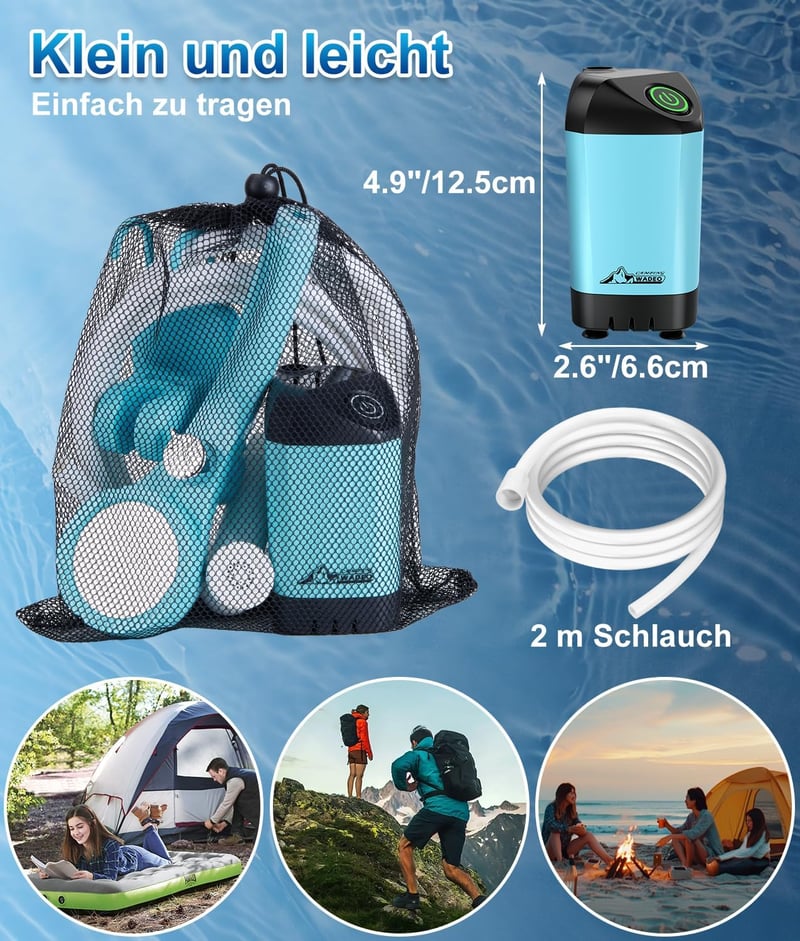 WADEO Hordozható Campingzuhany Akkumulátorral és Pumpával, 6000-8000mAh Töltödhető Akkus Kültéri Zuhany