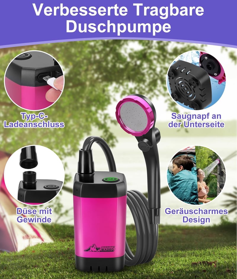 WADEO Hordozható Campingzuhany Akkumulátorral és Pumpával, 6000-8000mAh Töltödhető Akkus Kültéri Zuhany