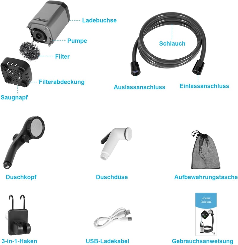 WADEO Hordozható Campingzuhany Akkumulátorral és Pumpával, 6000-8000mAh Töltödhető Akkus Kültéri Zuhany