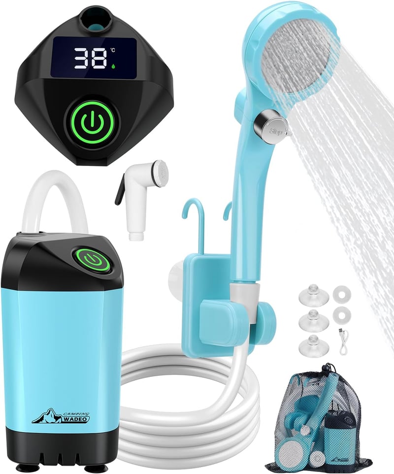 WADEO Hordozható Campingzuhany Akkumulátorral és Pumpával, 6000-8000mAh Töltödhető Akkus Kültéri Zuhany
