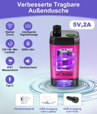 WADEO Hordozható Campingzuhany Akkumulátorral és Pumpával, 6000-8000mAh Töltödhető Akkus Kültéri Zuhany 2