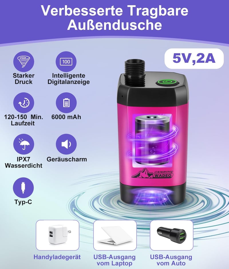 WADEO Hordozható Campingzuhany Akkumulátorral és Pumpával, 6000-8000mAh Töltödhető Akkus Kültéri Zuhany