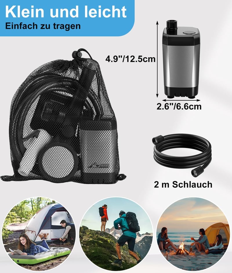 WADEO Hordozható Campingzuhany Akkumulátorral és Pumpával, 6000-8000mAh Töltödhető Akkus Kültéri Zuhany