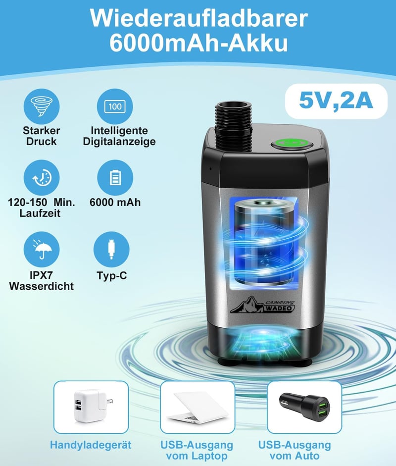 WADEO Hordozható Campingzuhany Akkumulátorral és Pumpával, 6000-8000mAh Töltödhető Akkus Kültéri Zuhany