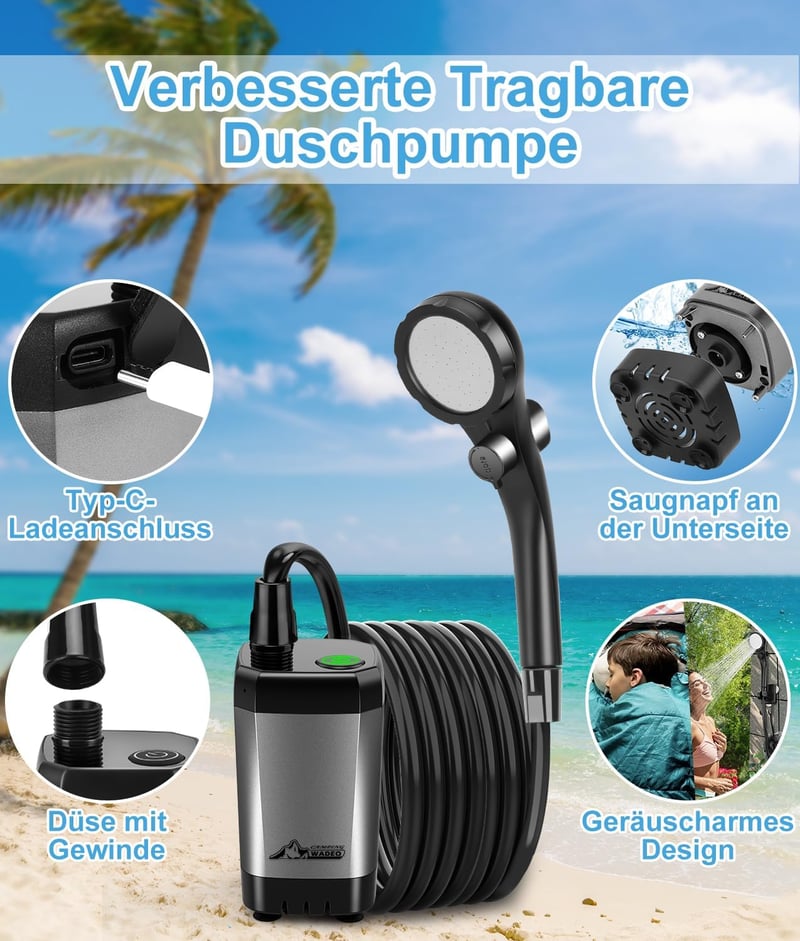 WADEO Hordozható Campingzuhany Akkumulátorral és Pumpával, 6000-8000mAh Töltödhető Akkus Kültéri Zuhany